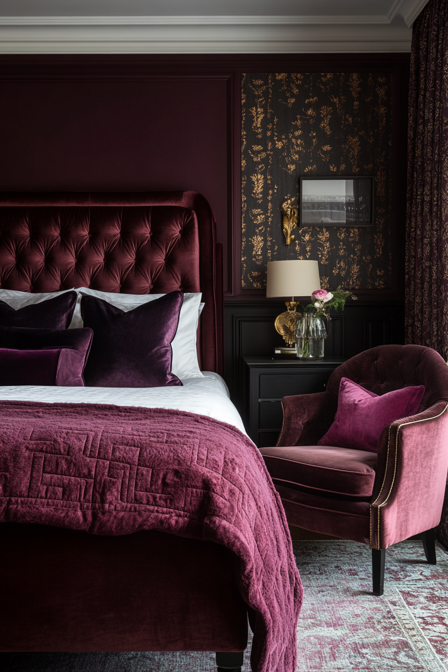 A Luxurious and elegant bedroom in plum and gold tones
