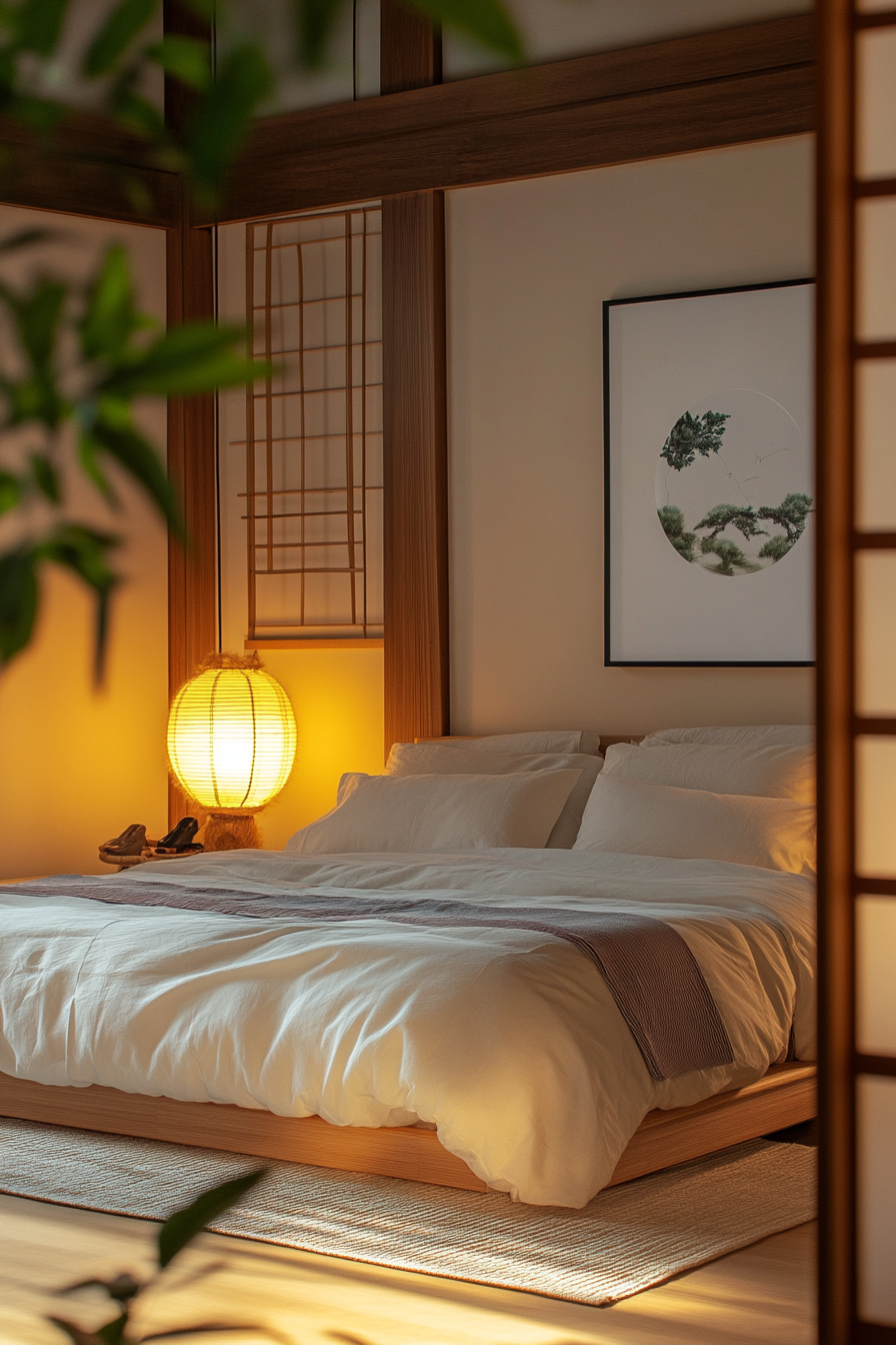 A calm and serene bedroom in Japandi style