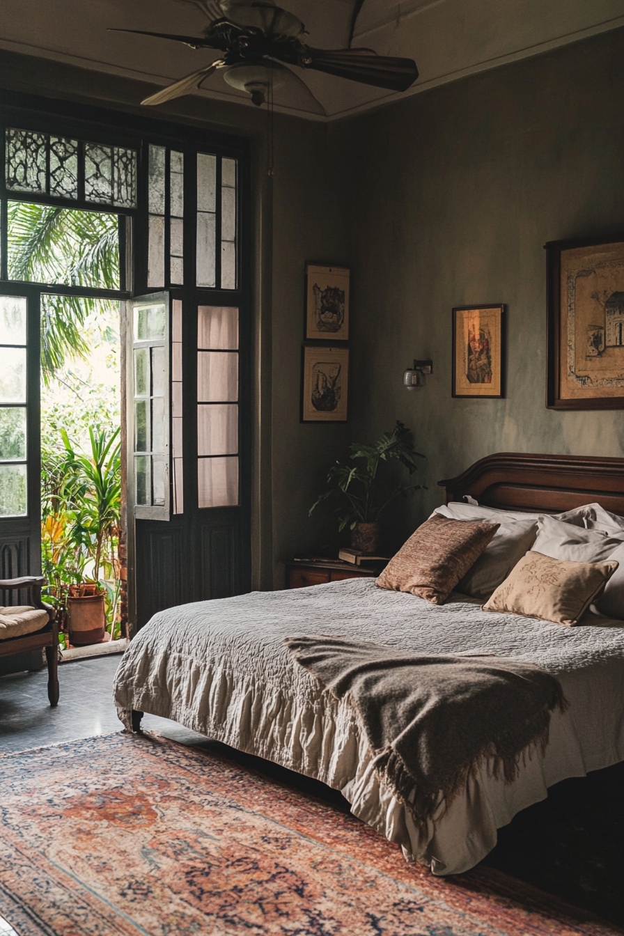 A bedroom in a modern and eclectic style