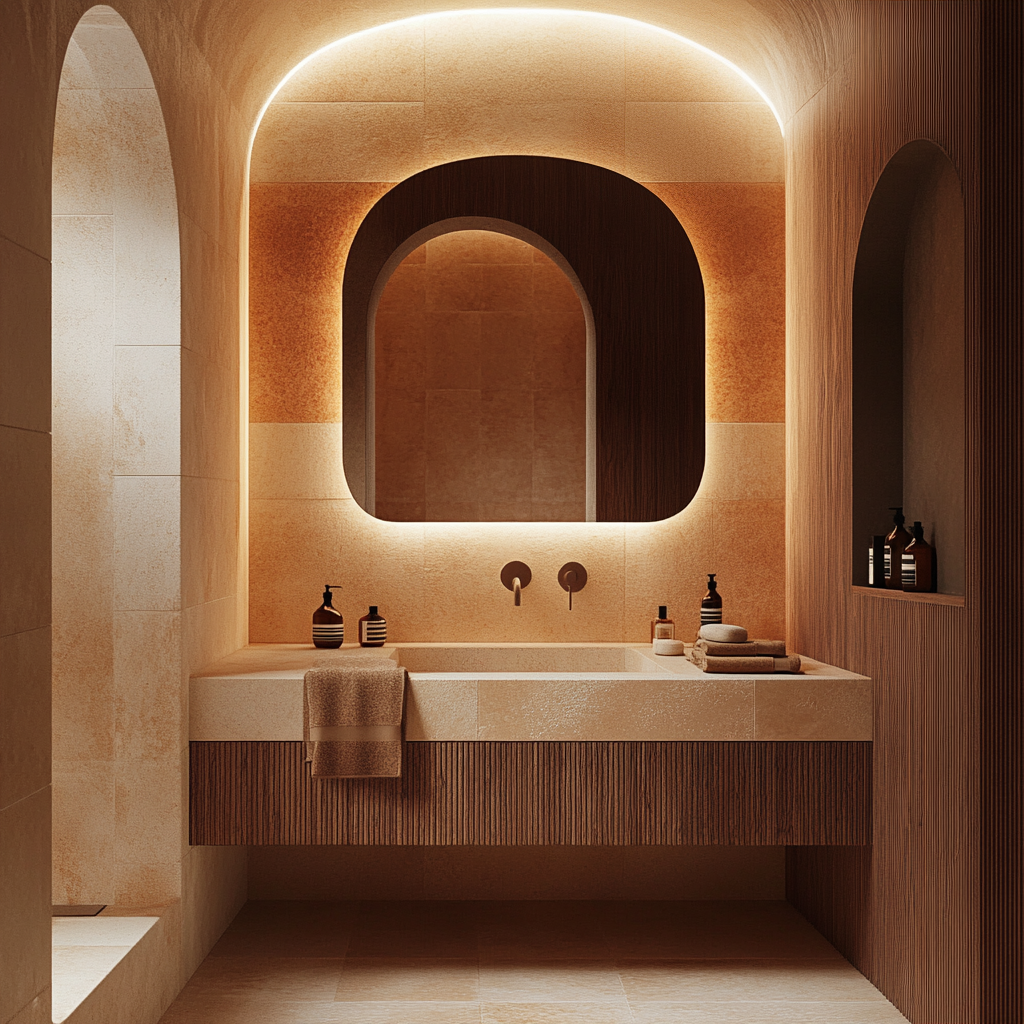 Dive into a warm-toned bathroom