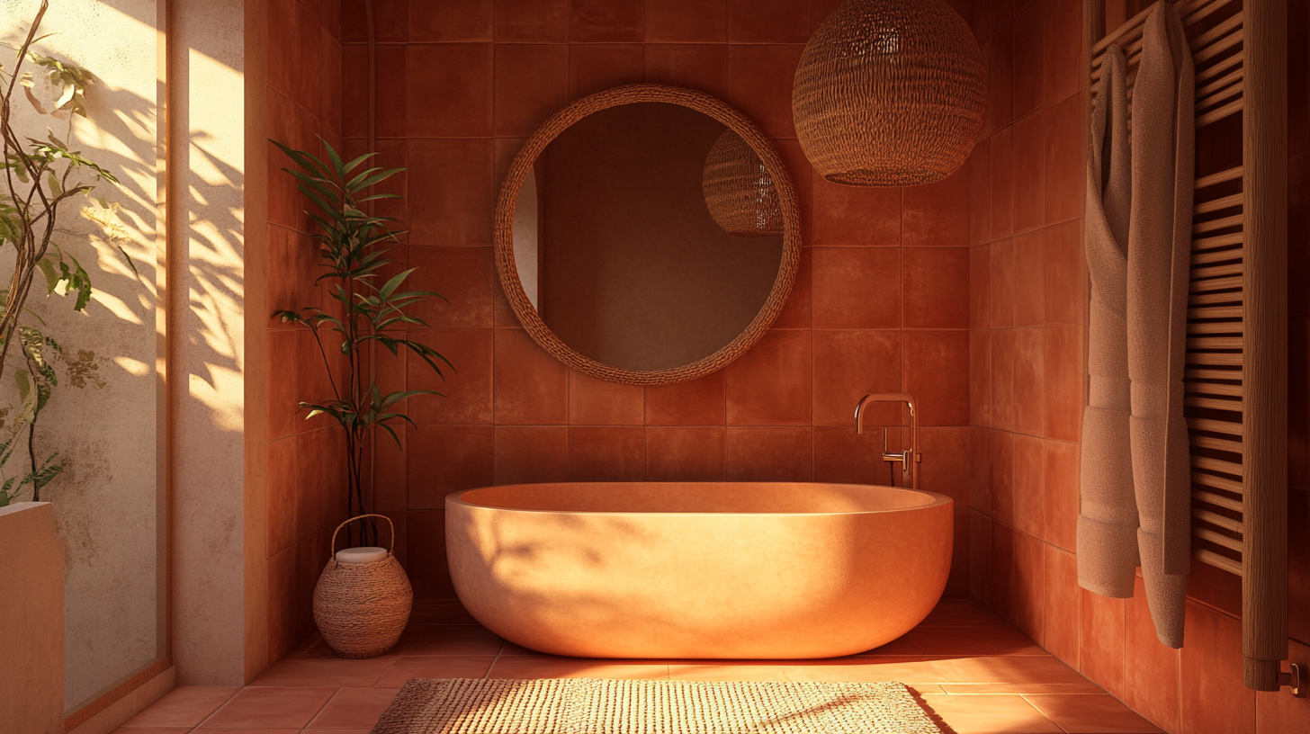 Step into a cozy bathroom with terracotta tones
