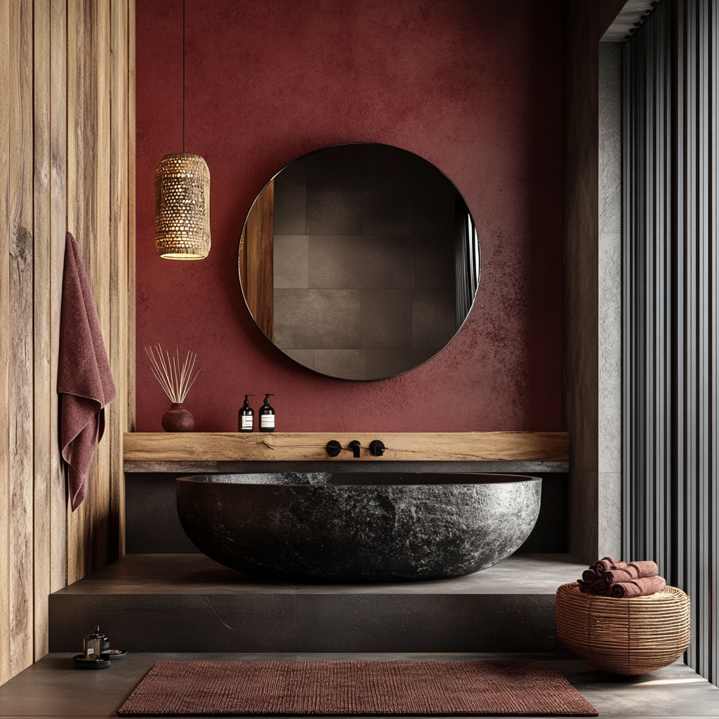 A stylish bathroom with deep red tones