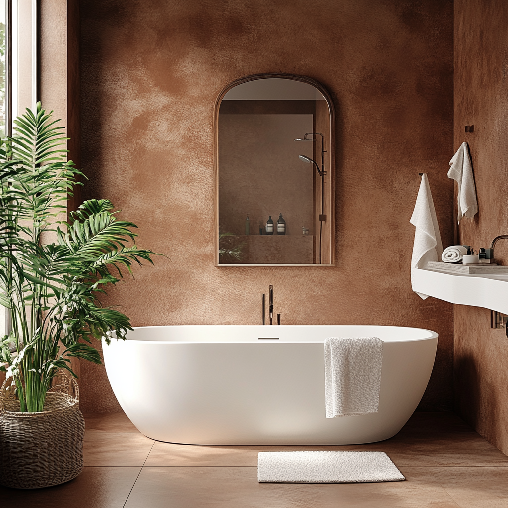 A trendy bathroom with earthy tones